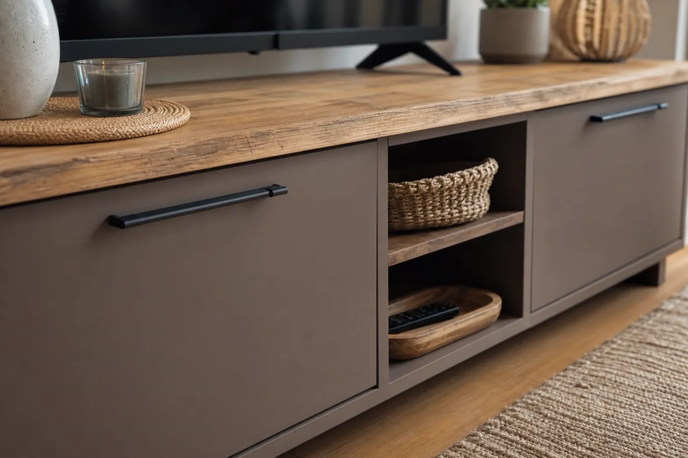 Détail de meuble TV ancien allégé avec portes mates et plateau bois