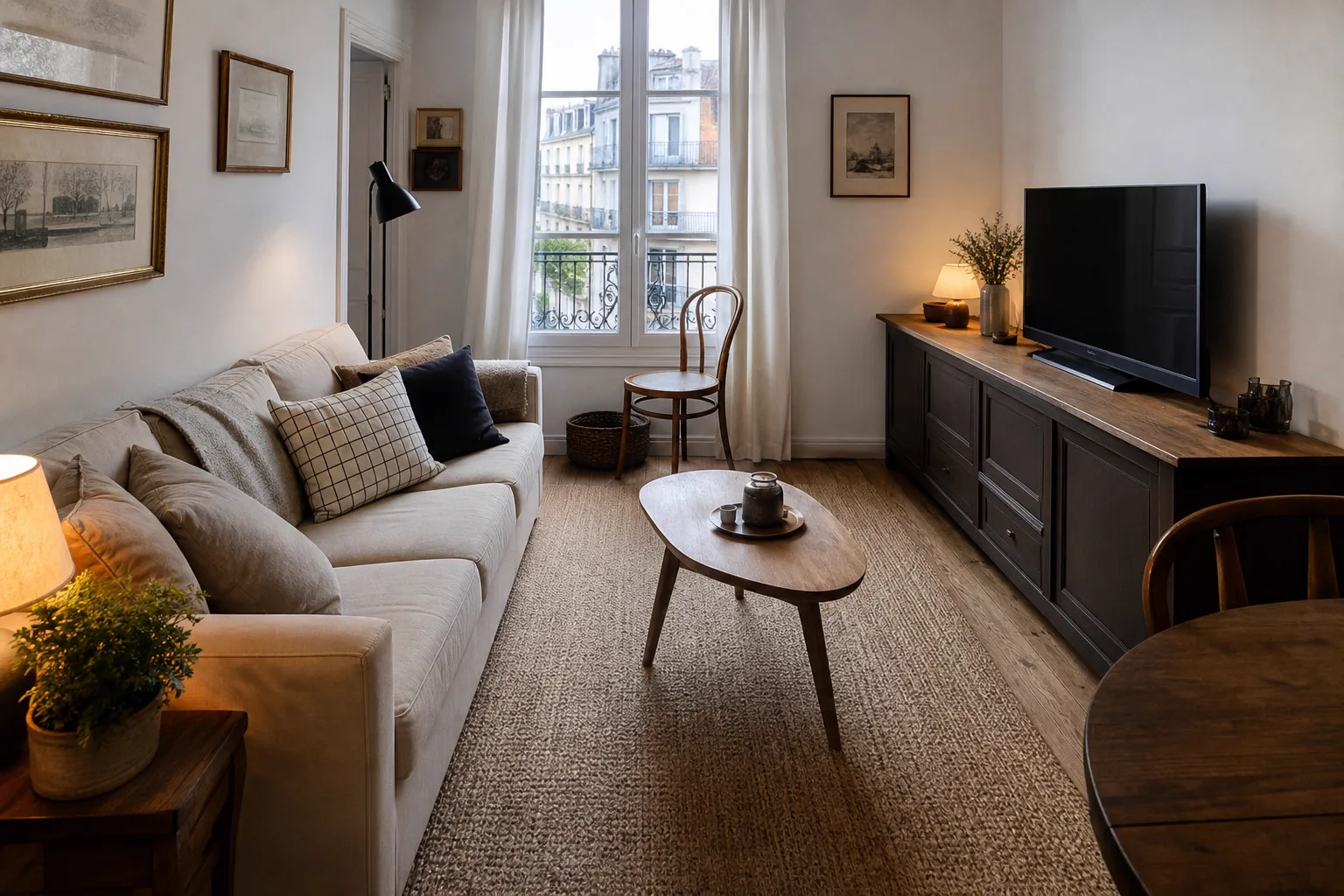 Salon de 20 mètres carrés chaleureux avec meuble TV relooké