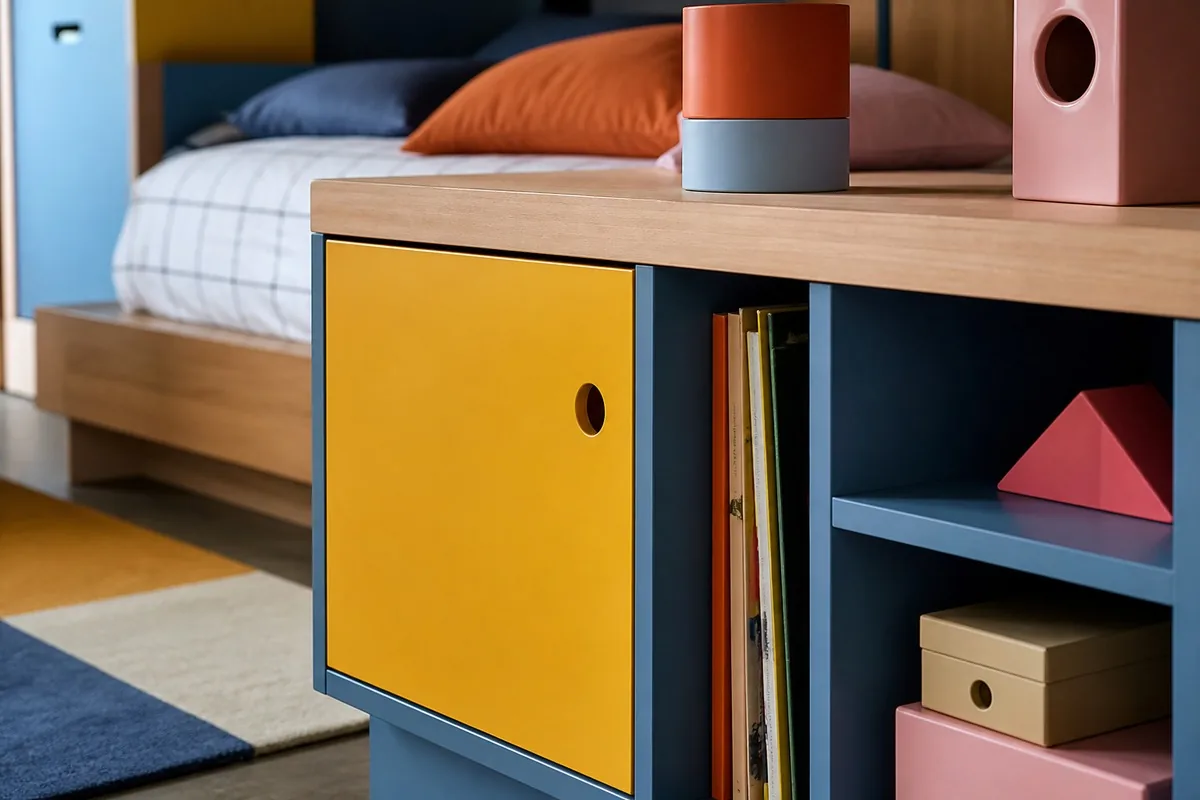 Détail de bibliothèque basse color-block dans un studio Memphis