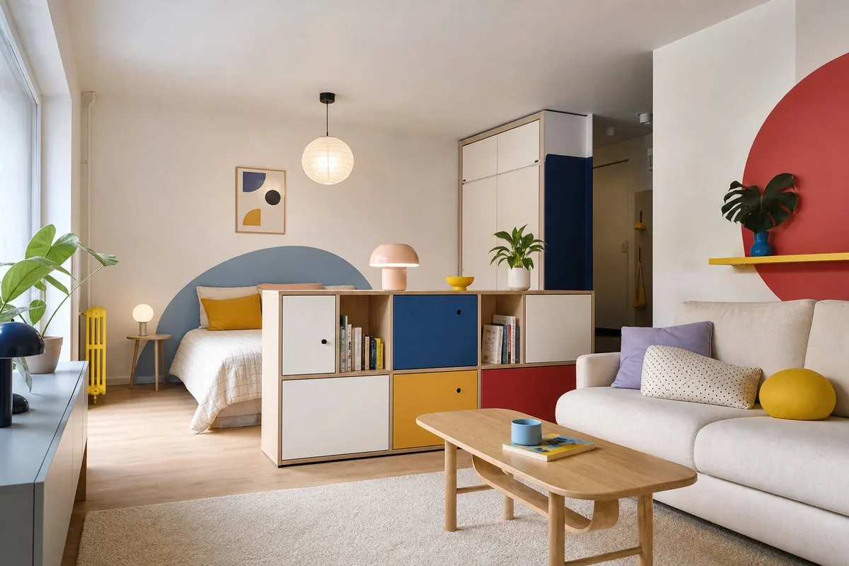 Studio Memphis compact avec color-block et bibliothèque basse