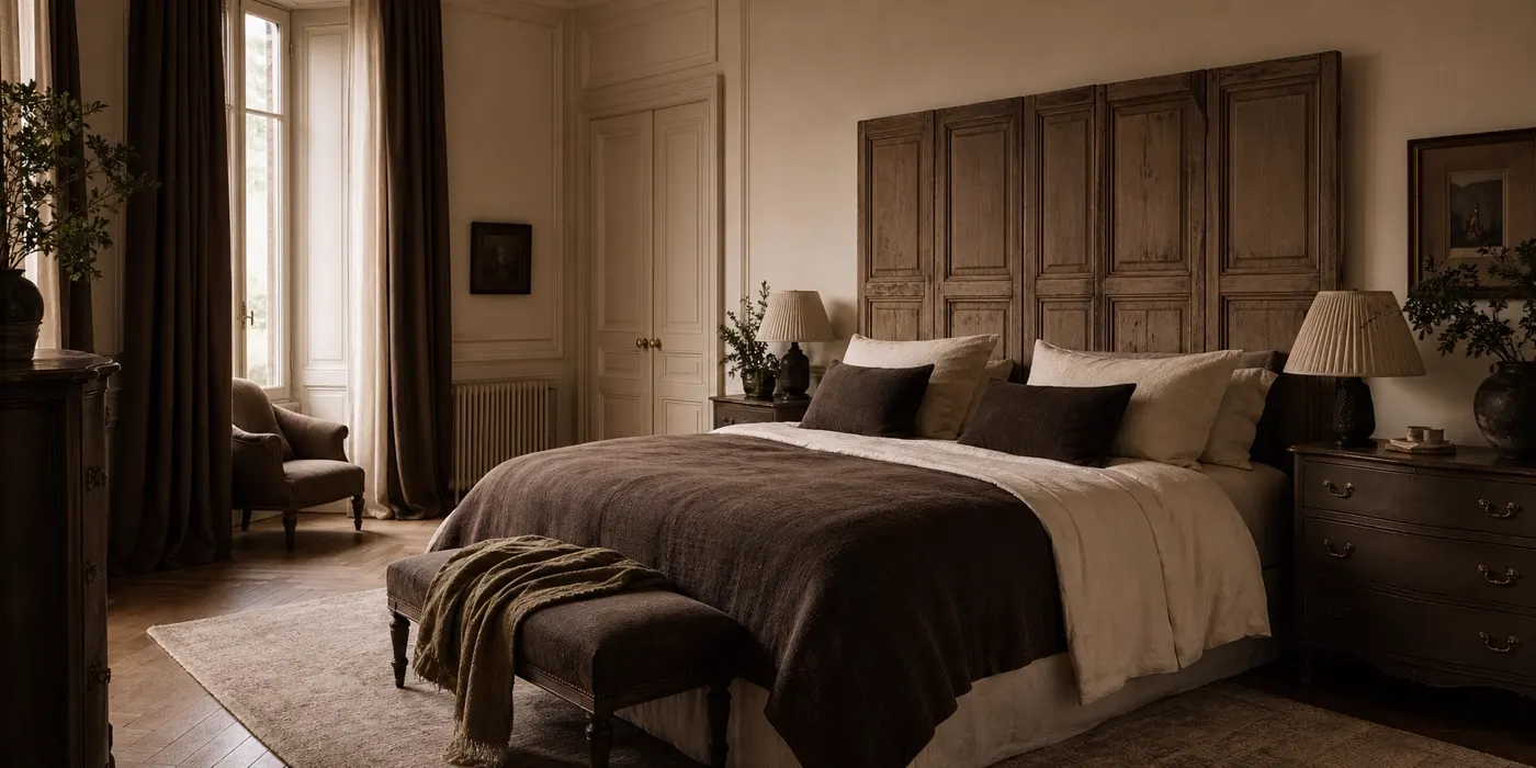 Suite parentale feutrée avec tête de lit ancienne relookée