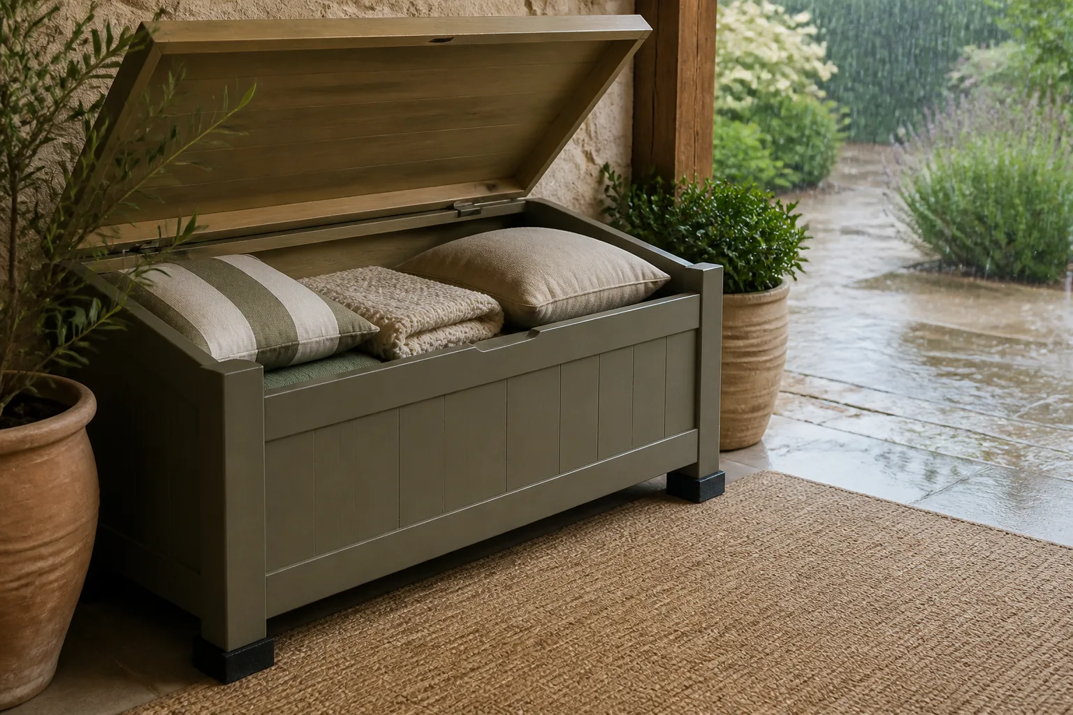 Détail de coffre banquette sous abri avec textiles rangés et pieds protégés
