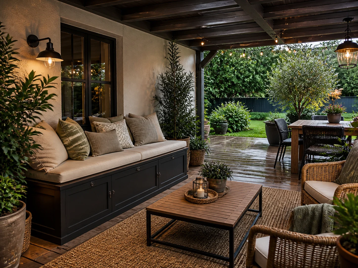 Terrasse couverte sous préau avec coffre banquette et pluie visible dehors
