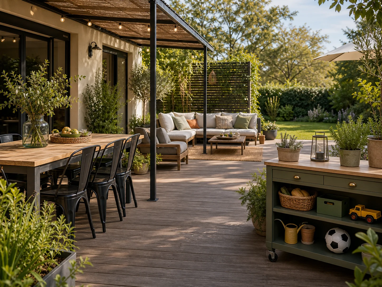 Terrasse familiale avec zones repas détente et rangement modulable