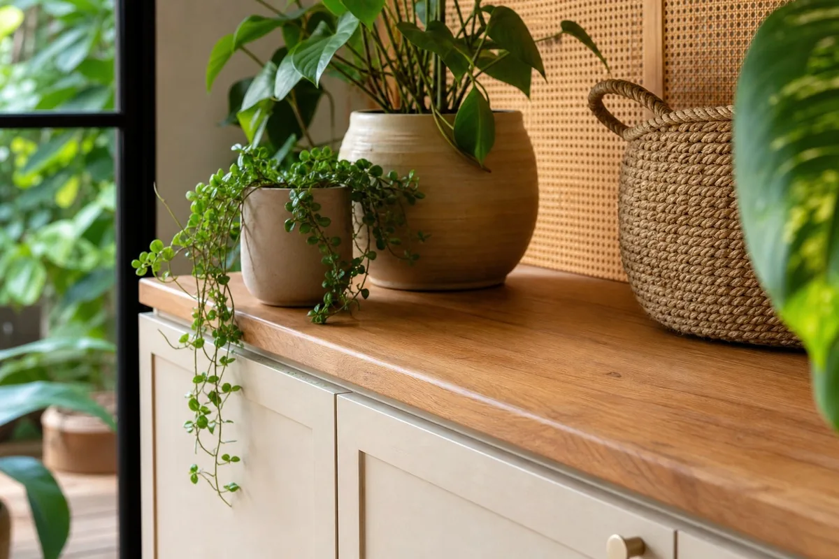 Détail de meuble bas protégé dans une véranda plantée