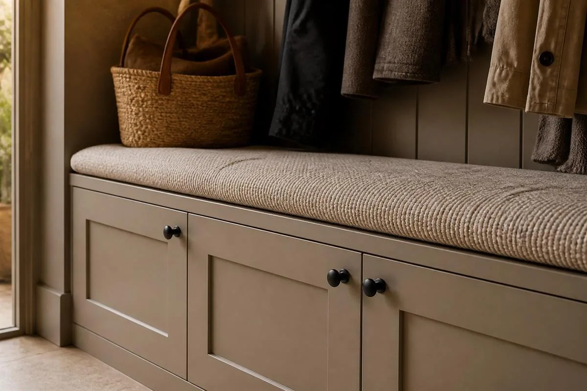 Détail de meuble vestiaire familial avec chaussures et sacs cachés