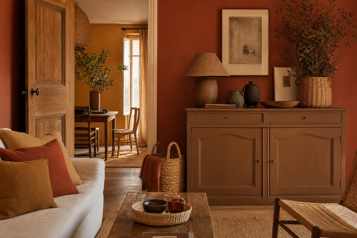 Salon chaleureux avec buffet ancien brun caramel, mur ocre doux et fibres naturelles