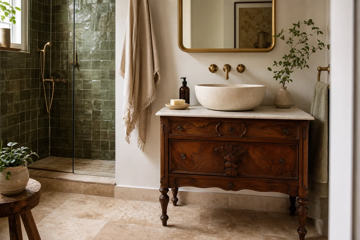 Salle de bain avec meuble vasque ancien, carrelage travertin, zellige vert et robinet laiton