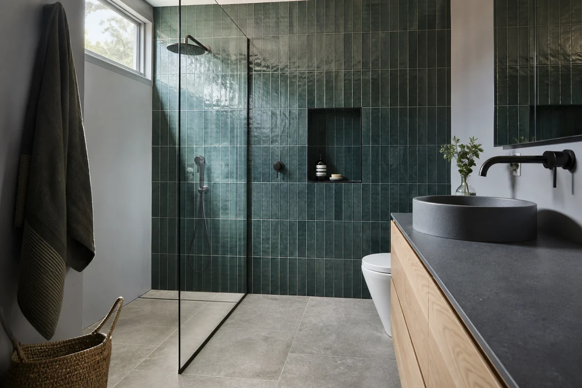 Salle d’eau moderne avec carrelage sombre mat et brillant, meuble bois clair et lignes verticales