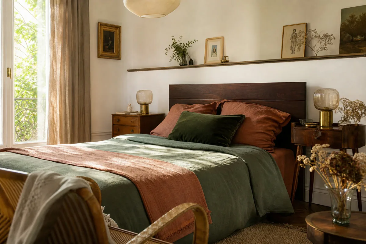 Chambre 2026 avec lit en bois foncé, velours vert, verre strié et touches de laiton
