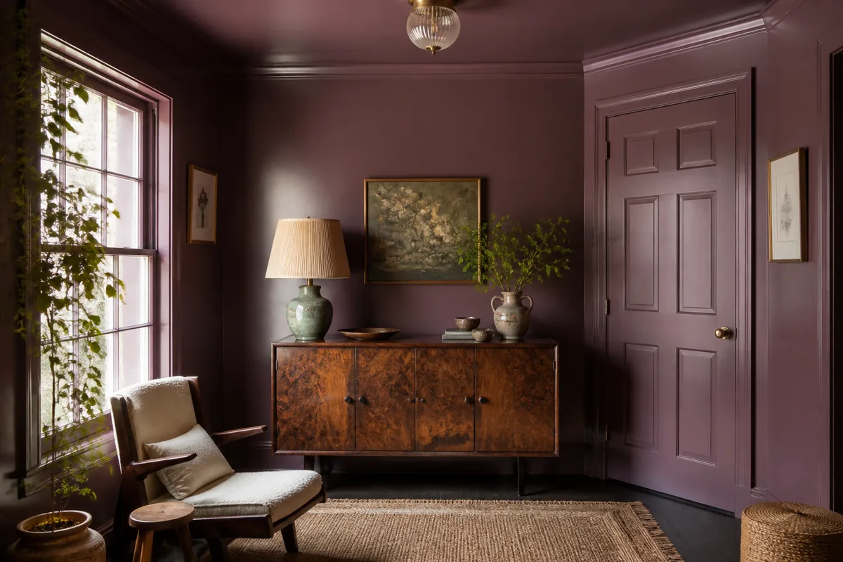 Petit salon colour drenching vert profond avec buffet ancien ton sur ton et plafond peint