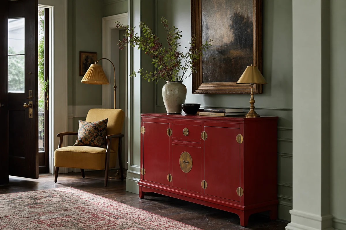 Entrée contemporaine avec console ancienne rouge profond, mur vert céladon et touches jaune paille
