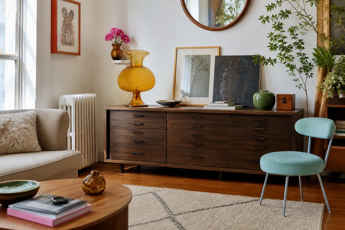 Studio déco avec meuble bas vintage ambre doré, touches bleu aqua et rose électrique