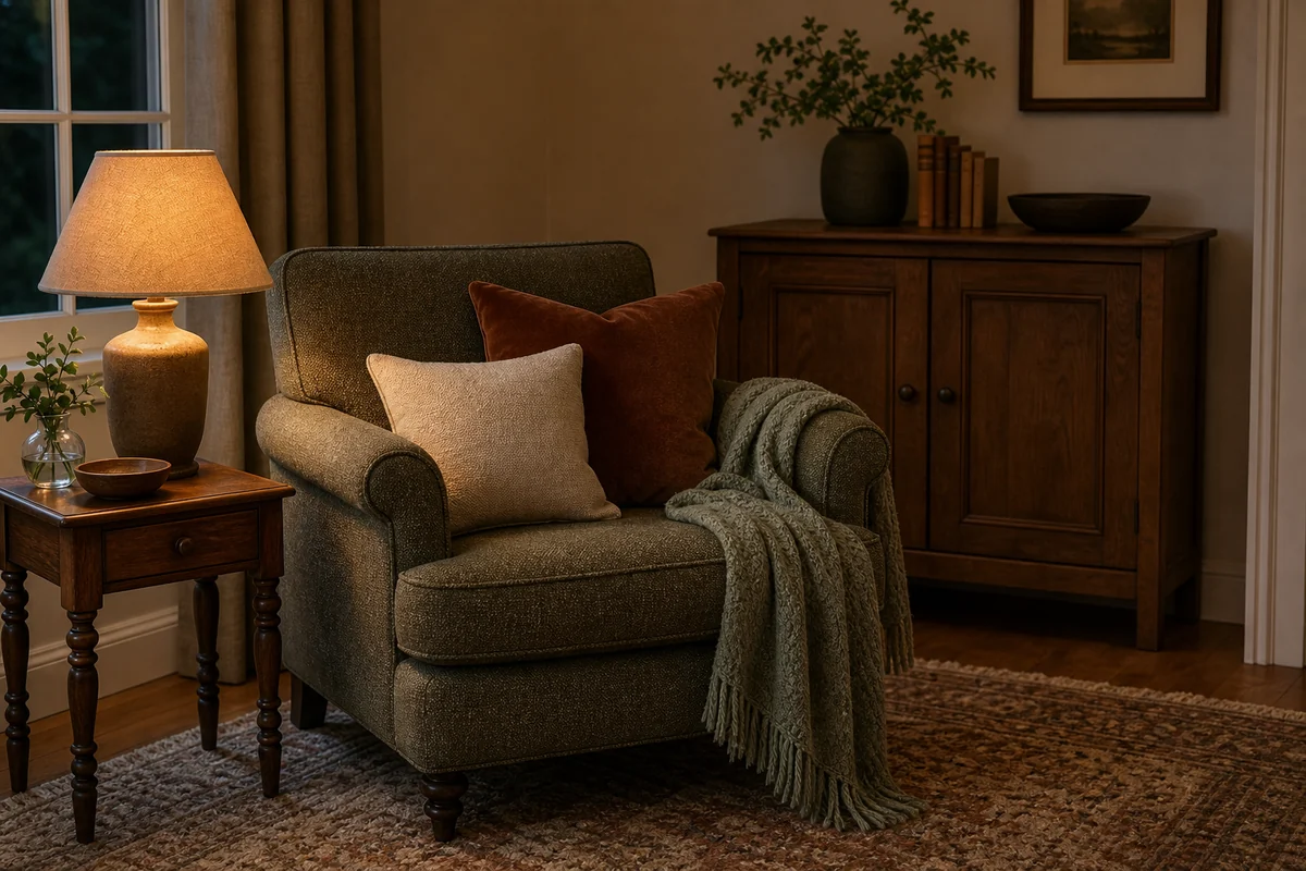 Salon cozymaxxing chaleureux avec fauteuil retapissé, tapis épais, lampe douce et meuble bas ancien