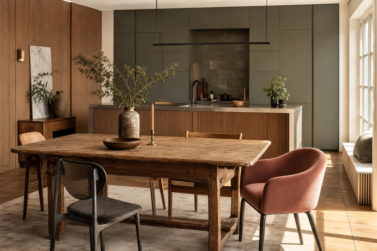 Cuisine salle à manger ouverte avec table vintage, bois chaud, panneaux cannelés et assises bouclées