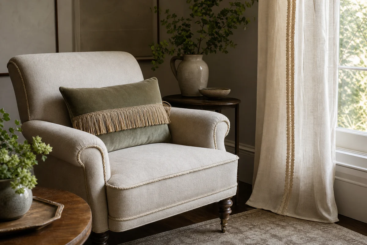 Fauteuil ancien retapissé avec galon discret, coussins à franges et rideaux en lin