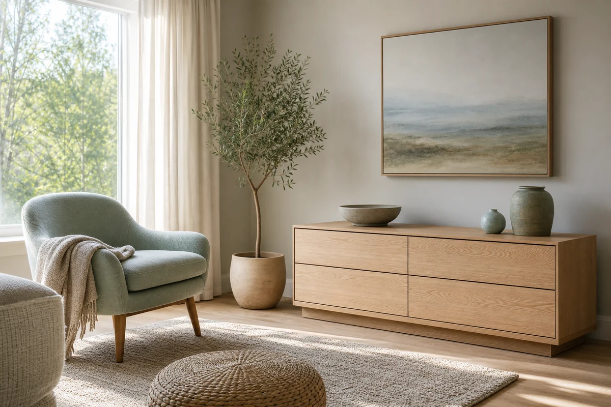 Intérieur zen avec commode en bois clair, lin, plantes, lumière naturelle et tapis acoustique