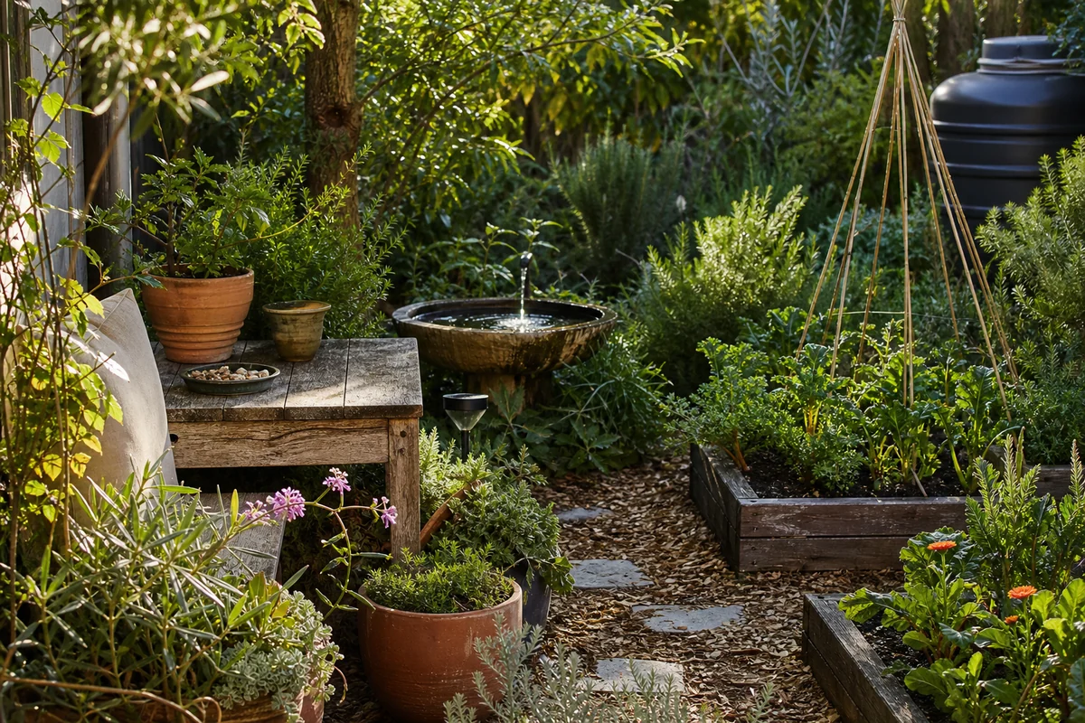 Jardin 2026 avec plantes locales, potager décoratif, banc en bois, arrosage discret et coin zen