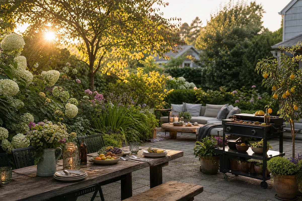 Terrasse-jardin américaine avec fauteuils confortables, plantes en pots, hortensias et éclairage doux