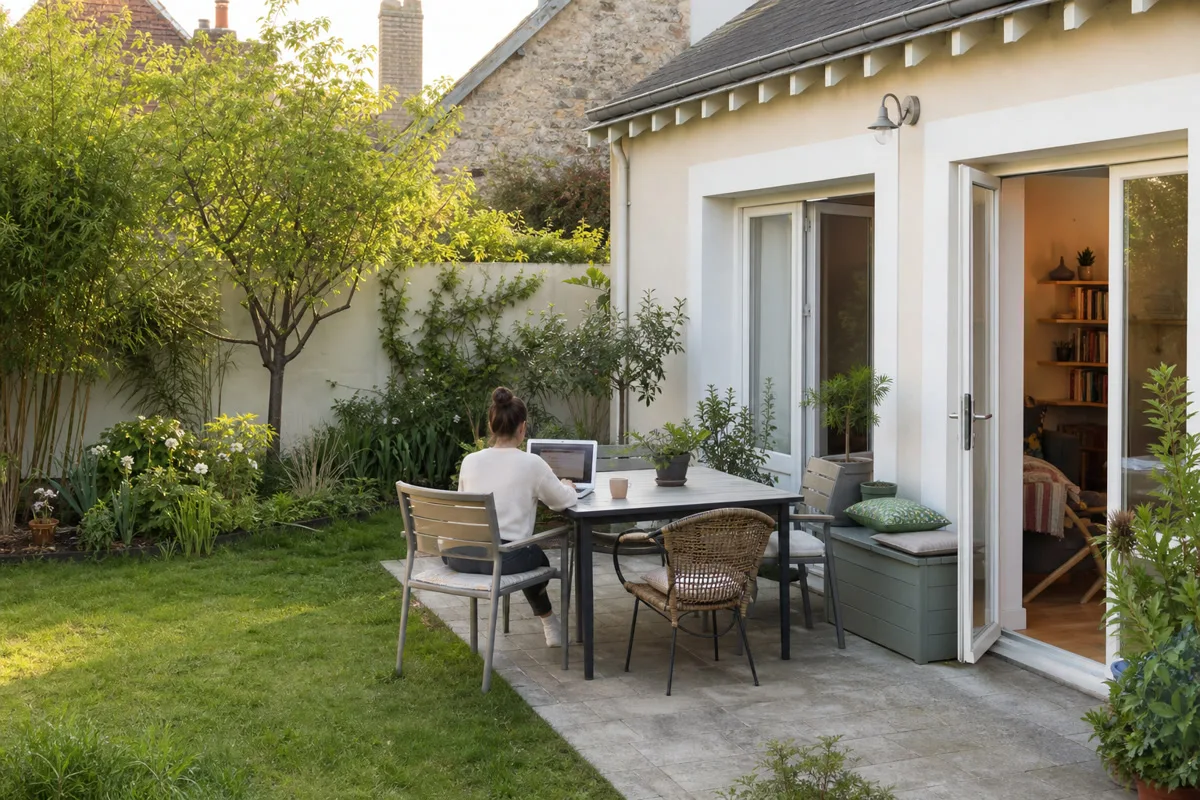 Maison française avec petit jardin aménagé, table ancienne et fauteuils d’extérieur