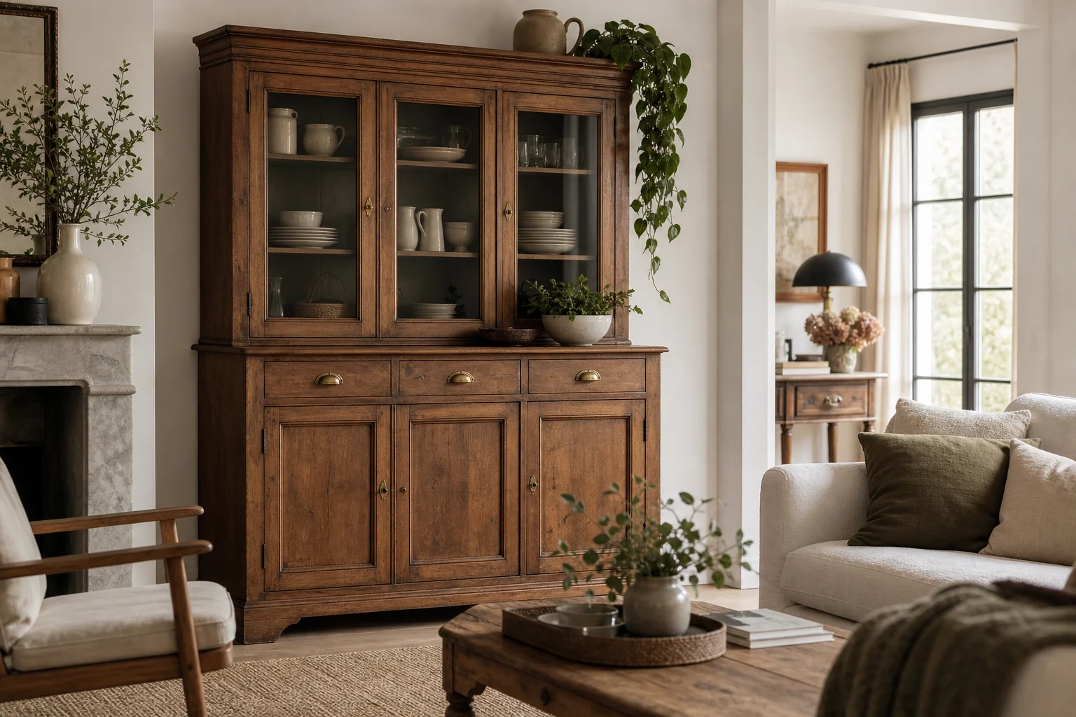 Salon contemporain avec vaisselier ancien remis au centre du décor