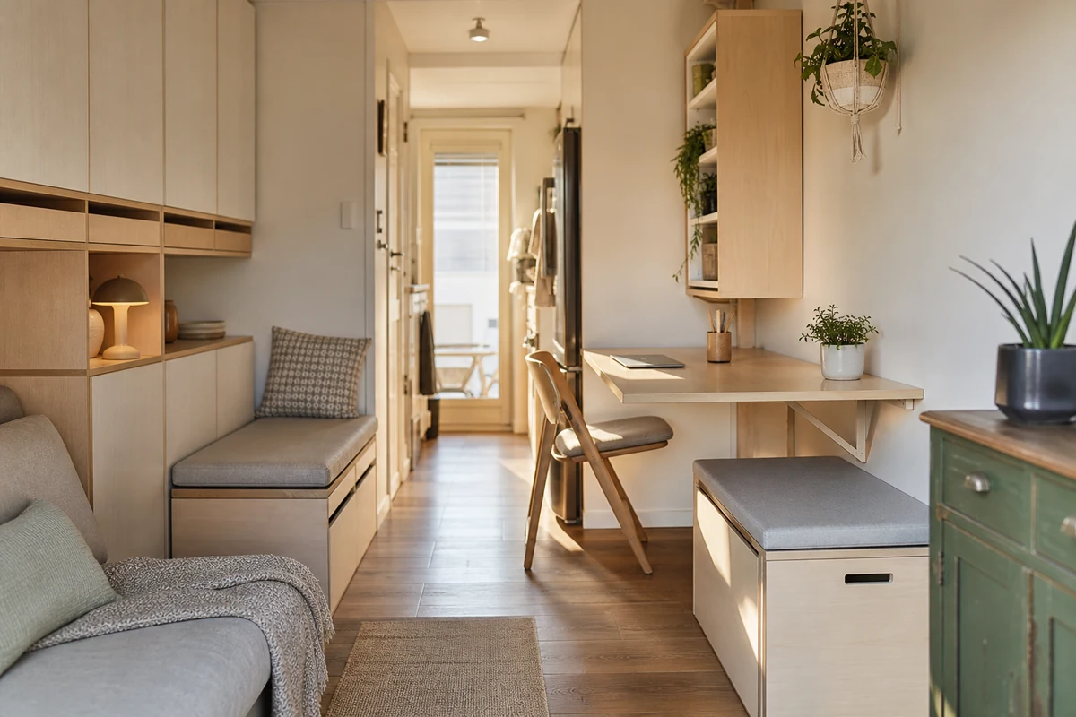 Studio de moins de 30 m2 avec lit compact, table rabattable, rangements cachés et meuble vintage relooké