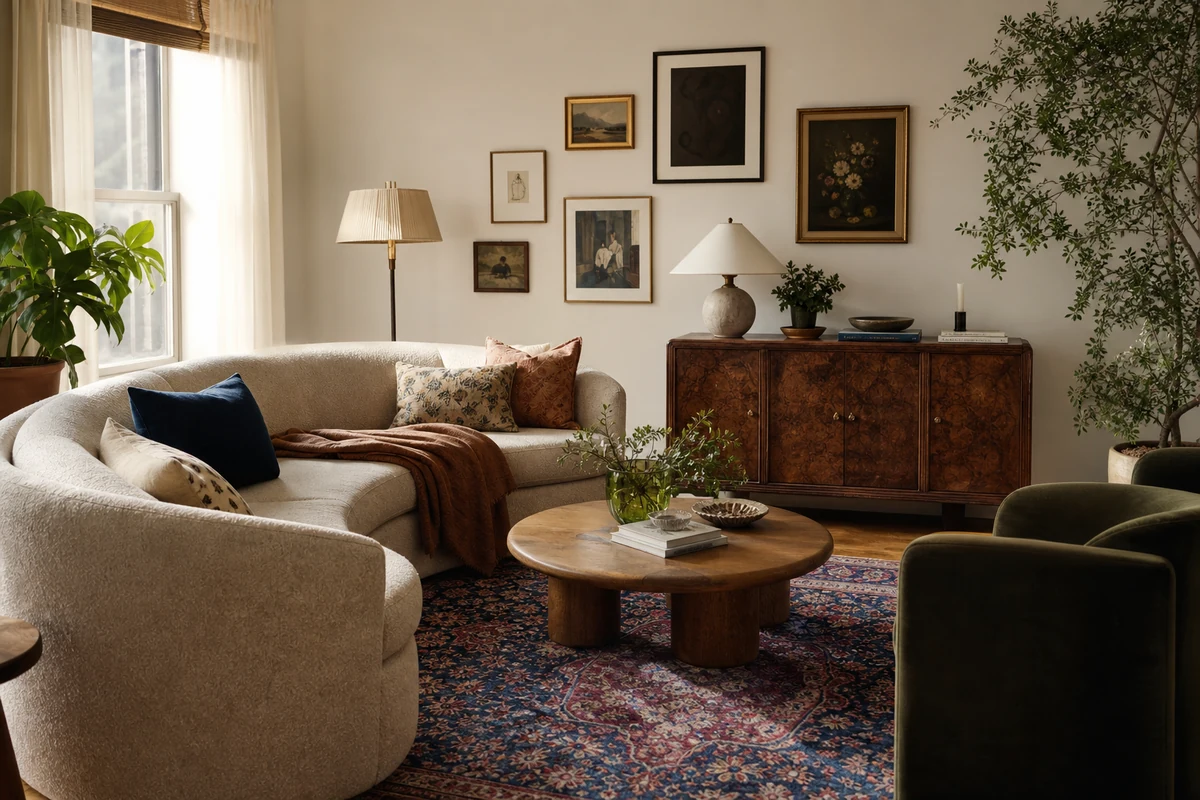 Salon rafraîchi sans travaux avec meuble chiné, canapé arrondi, plantes, tapis et galerie de cadres